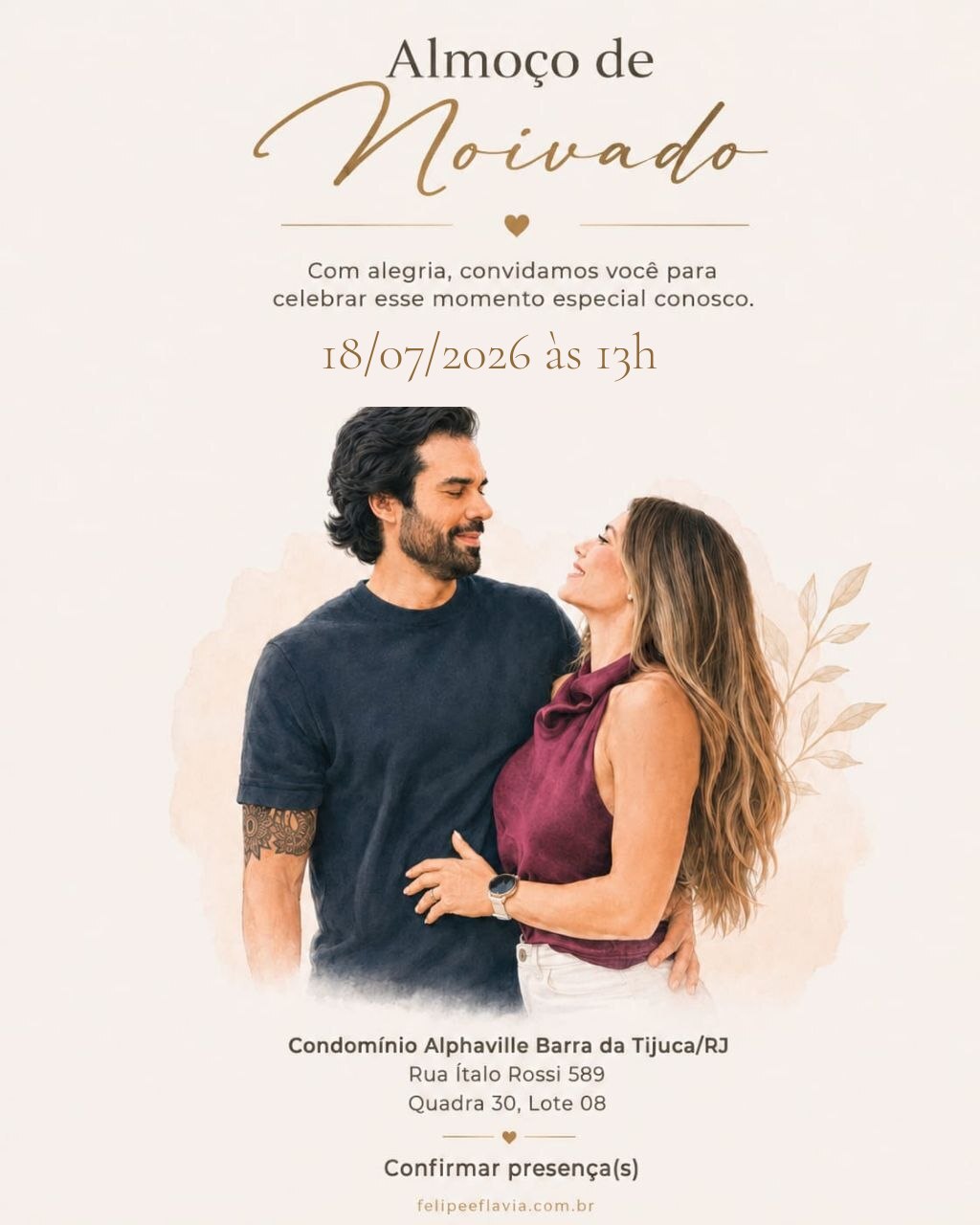 Convite do almoço de noivado de Felipe e Flávia
